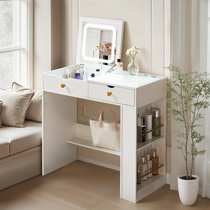 Vanity Desk with Flip Top Mirror,White Makeup Vanity Table with 3 Color Light and Brightness Adjustable, Side Organizer Small Vanity with Storage Compartment, Writing Desk for Bedroom