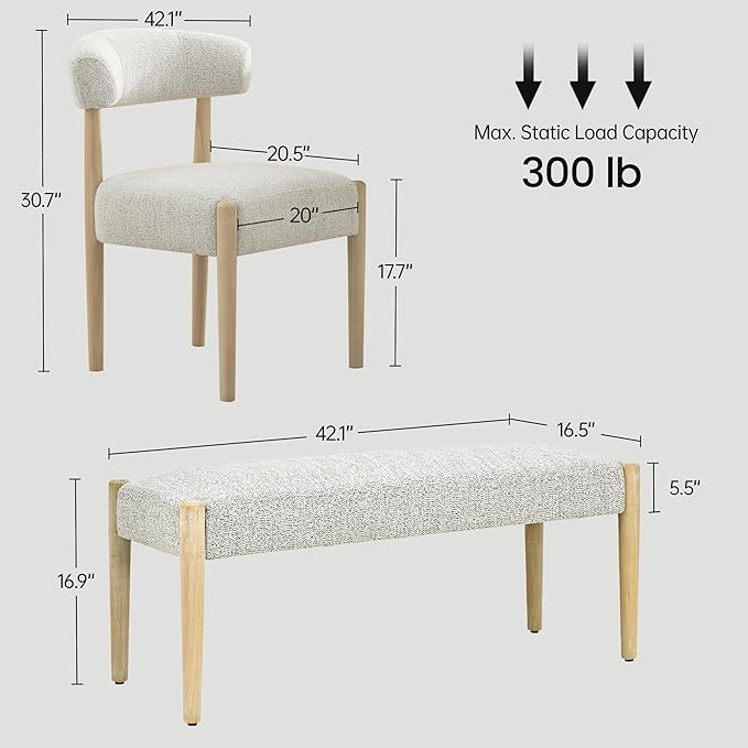 VKNOW Upholstered Dining Room Set for 6, Mid-Century Modern Dining Chairs Set of 4 and Dining Bench with Rubberwood Legs, for Dining Room, Living Room, Kitchen, Heathered Off-White