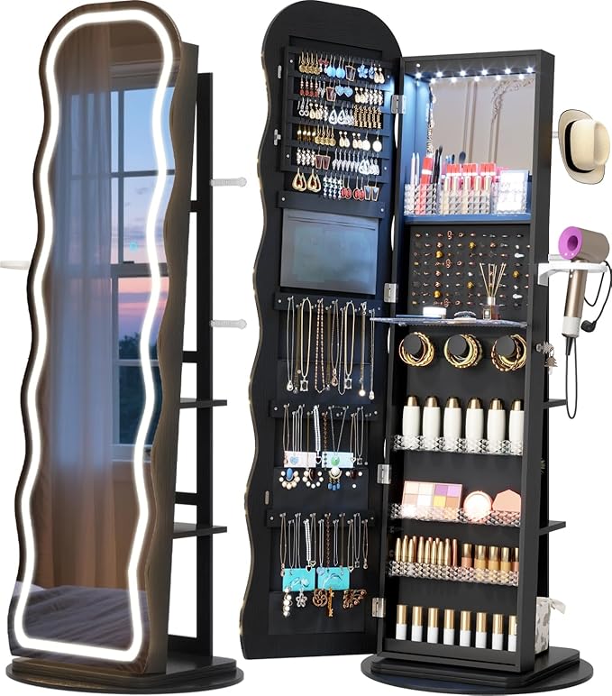 Vlsrka LED Mirror Jewelry Cabinet Standing, 360° Swivel Jewelry Aromire Organizer with Wavy Mirror, Lockable Jewelry Mirror with Storage, Jewelry Cabinet, Interior Mirror, Foldable Shelf (LED Black)