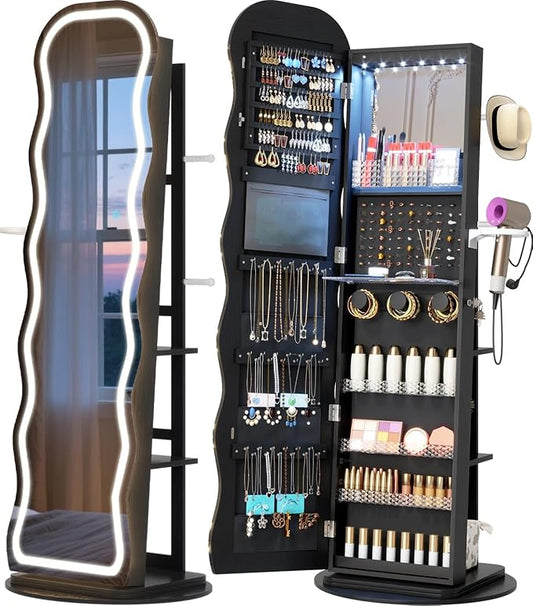 Vlsrka LED Mirror Jewelry Cabinet Standing, 360° Swivel Jewelry Aromire Organizer with Wavy Mirror, Lockable Jewelry Mirror with Storage, Jewelry Cabinet, Interior Mirror, Foldable Shelf (LED Black)