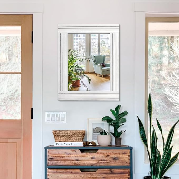 Rustic Wall Mirror - Rectangular Antique Wooden Frame - Farmhouse Bedroom & Entryway - Large White - 20" x 16"