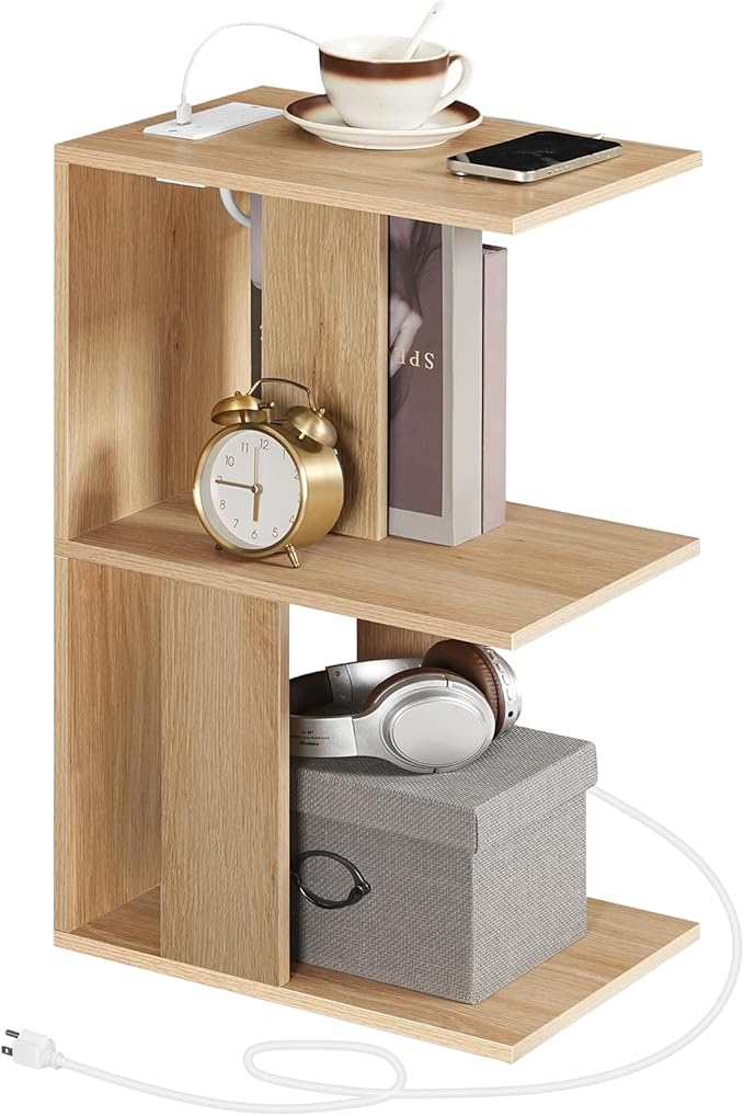 MAHANCRIS End Table with Charging Station, C-Shaped Narrow Side Table with LED Light, Natural Nightstand with Storage, Narrow Bedside Table for Small Spaces, End Tables Living Room, Bedroom, ETNA18E01