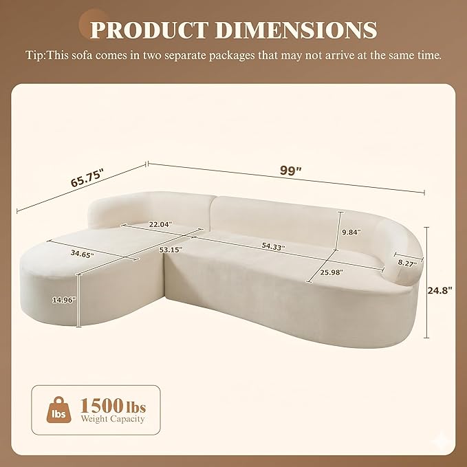 99" Curved Sectional Sofa with Chaise, Modern Boneless Couch with Deep Seat, L Shaped 3-Seater Cloud Couch for Living Room, No Assembly Needed, Chenille (Beige, Left Chaise+Right Sofa)
