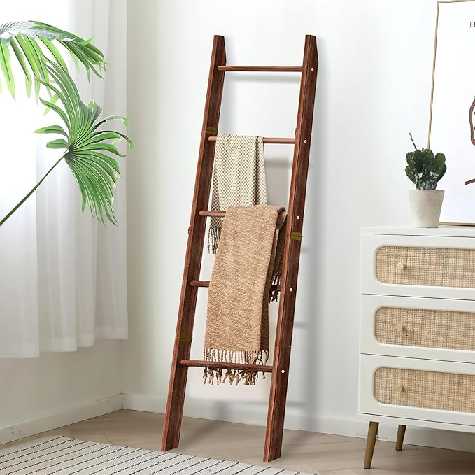 XLHOMO 5-Tier Wooden Blanket Ladder, 63" Rustic Leaning Blanket Rack for Living Room, Decorative Quilt and Towel Holder for Bedroom Bathroom Farmhouse Home Decor, Brown