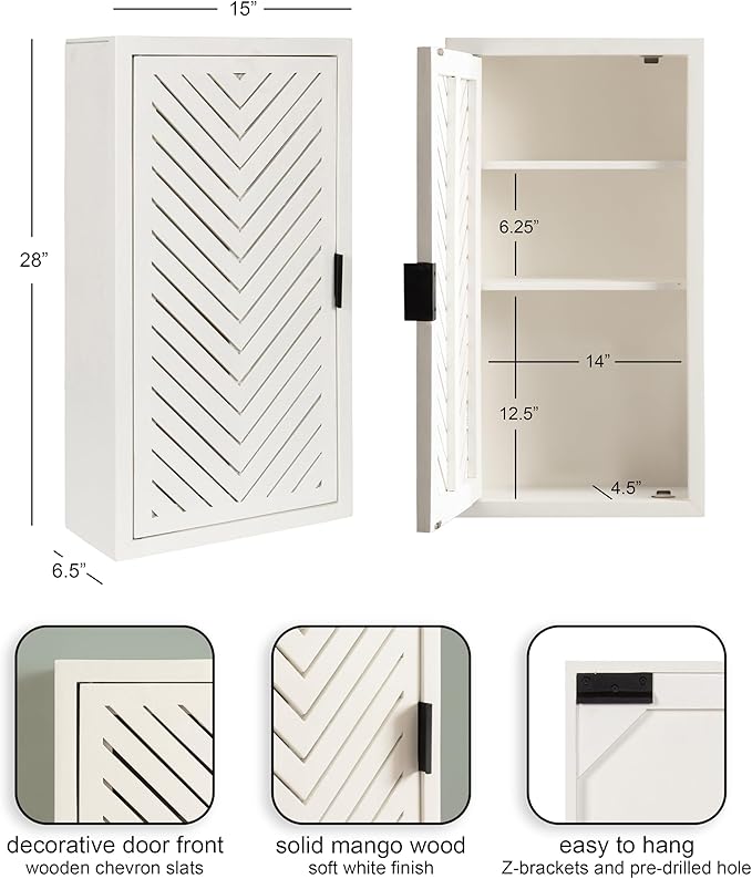 Kate and Laurel Mezzeta Decorative Modern One-Door Floating Bathroom Cabinet, 15 x 7 x 28, White, Decorative Over Toilet Storage Cabinet Made from Solid Mango Wood with Slatted Chevron Design