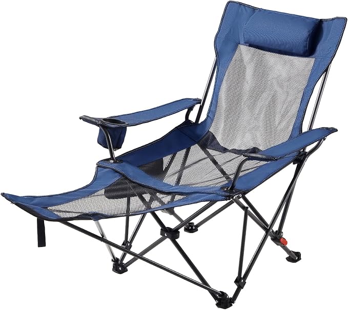 VEVOR 2-in-1 Reclining Camping Chair with Footrest for Adults, 4 Adjustable Positions, Portable Folding Lounger, Lightweight Mesh Beach Chair Supports 220lbs, Heavy Duty Camp Chairs Outdoor, Blue