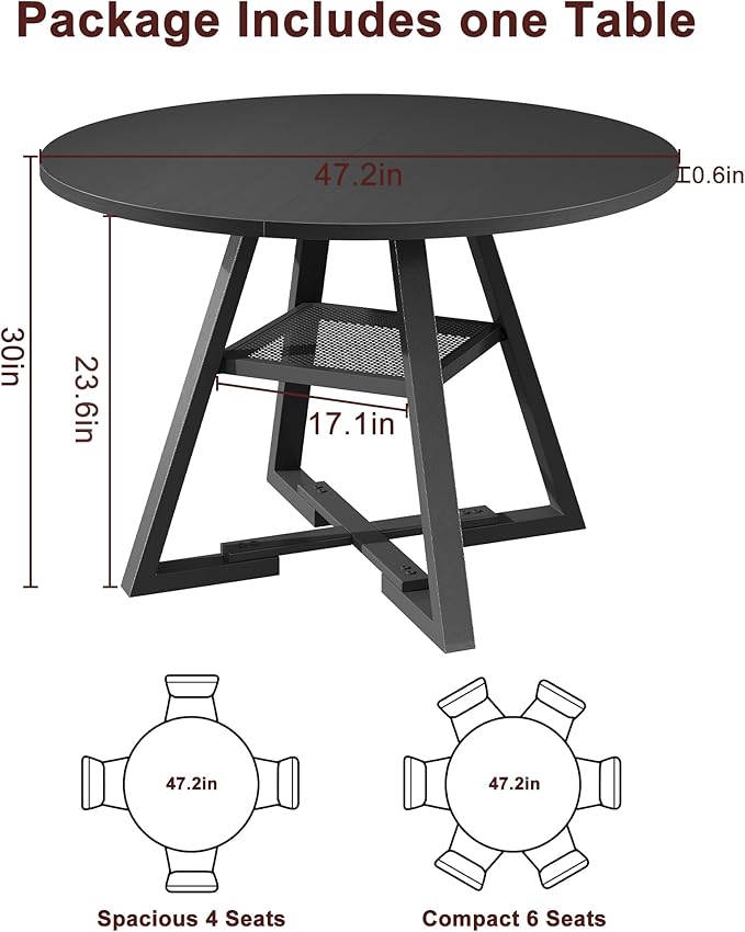 Jocoevol Round Dining Table for 4,Kitchen Dining Room Circle Dinner Pedestal Table,Space Saving Wood Kitchen & Dining Room Furniture (Black, 47In)