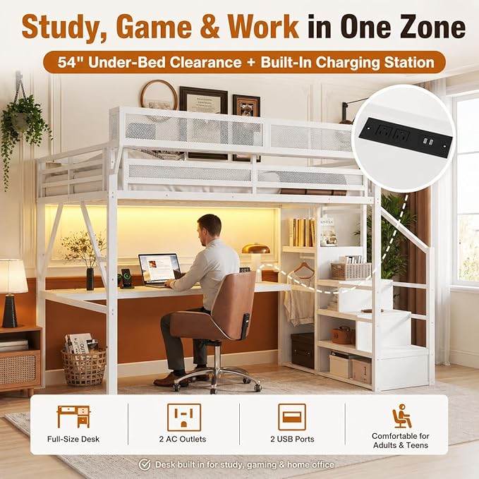 Mirightone Queen Loft Bed with Desk and RGB Light, Metal Loft Bed Frame with Stairs and Bedside Shelf, Heavy-Duty Lofts Beds with Storage Shelves and Wardrobe for Kids Teens, White