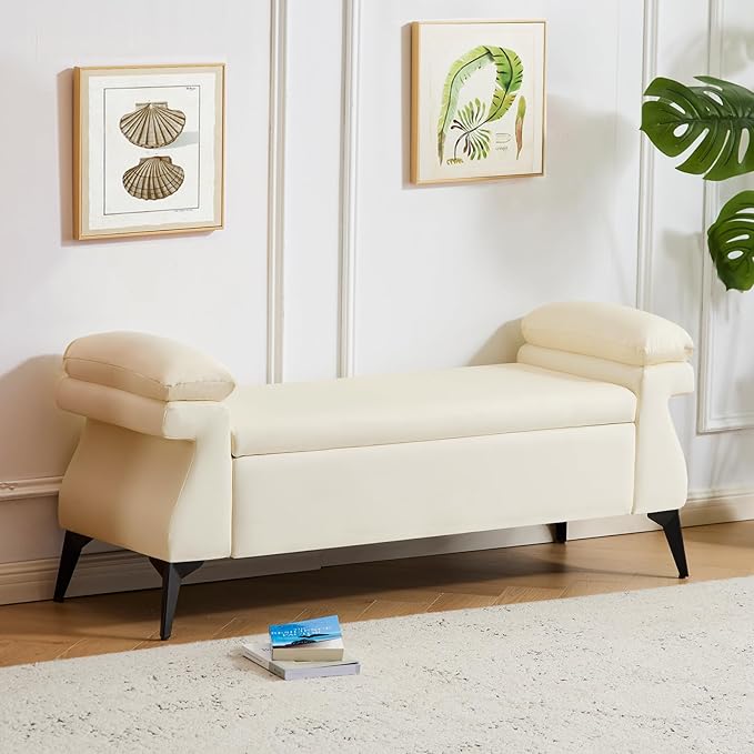 Furniliving 51”Ottoman with Storage, Upholstered End of Bed Bench with Armrest Cushion, Ottoman Bench, Faux Leather Bedroom Bench, Bed Bench with Storage, for Living Room, Entryway, Beige