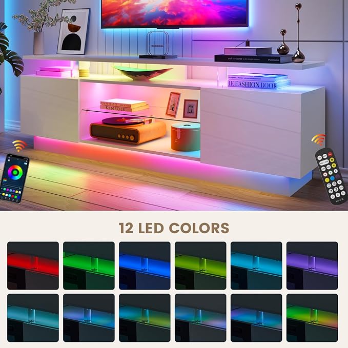 70” High-Glossy TV Stand with 2 Side Cabinets, Modern Stylish TV Console with 3 Layer LED Lights,Gaming TV Media Console with Adjustable Glass Shelf, Remote&APP Control, White