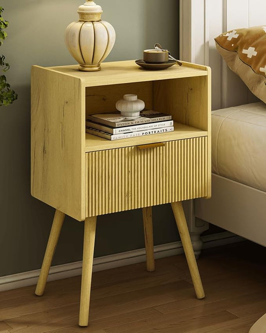 JOONEE Nightstand,Modern Bedside Table with Storage Drawer and Open Wood Shelf, for Living Room, Bedroom and Small Spaces, Accent Night Stand with Solid Wood Legs, Easy Assembly,Vintage Yellow Oak