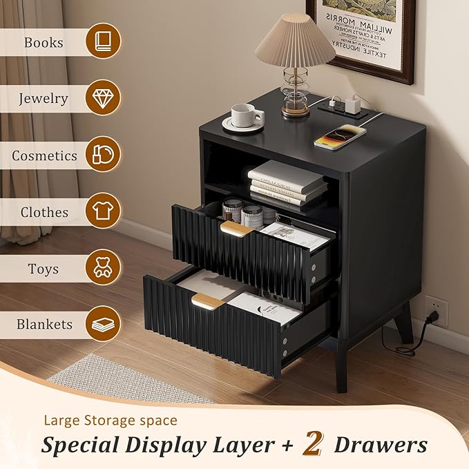 LYNCOHOME Fluted Nightstand with Charging Station, 19.7 inch Wide End Table with 2 Drawers, Modern Wood Bedside Table for Bedroom, Night Stand Set of 2, Black