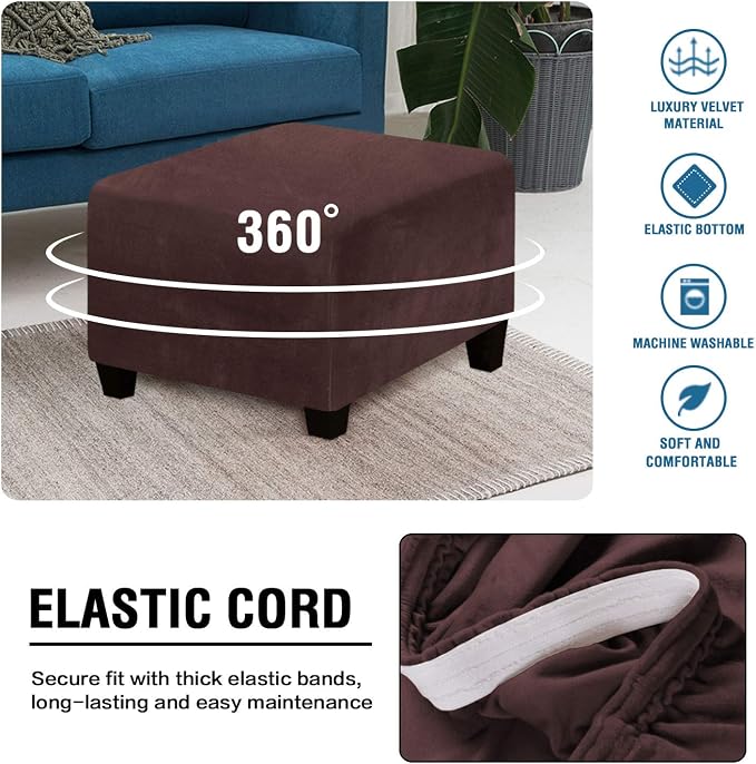 H.VERSAILTEX Square Ottoman Covers Ottoman Slipcover Square Footstool Protector Covers Storage Stool Ottoman Covers Stretch with Elastic Bottom, Feature Real Velvet Plush Fabric, Brown