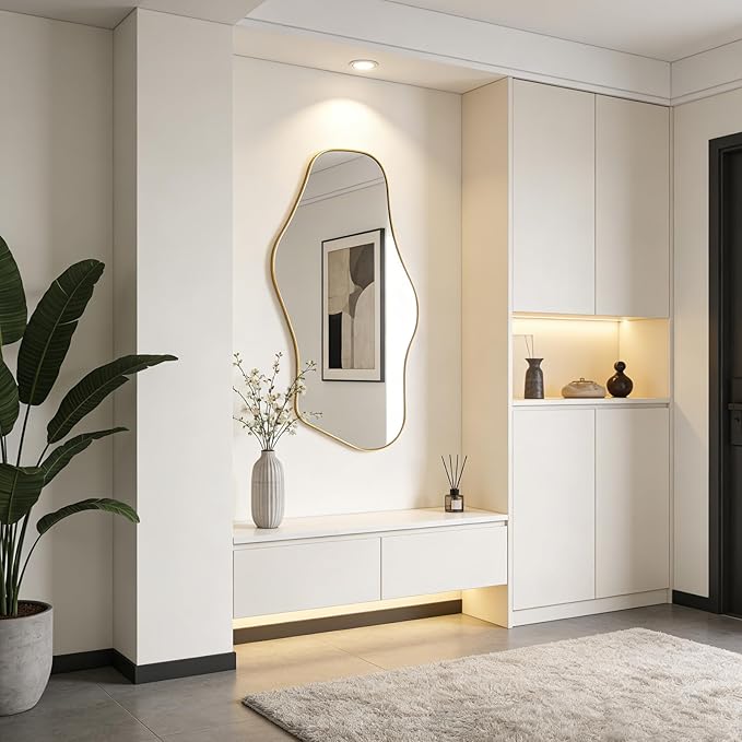 Irregular Wall Mirror, 47"x25" Asymmetrical Aesthetic Mirror with Metal Frame, Modern Organic Shaped Mirrors for Living Room Bedroom Hallway Entryway, Horizontal or Vertical Hanging