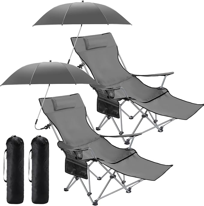 Yuntau 2 Set Reclining Beach Chairs with UPF 50+ Umbrellas Shade, Upgraded Heavy Duty Portable Folding Lounge Camping Chair with Canopy Removable Footrest & Headrest for Outdoor Patio(Grey)