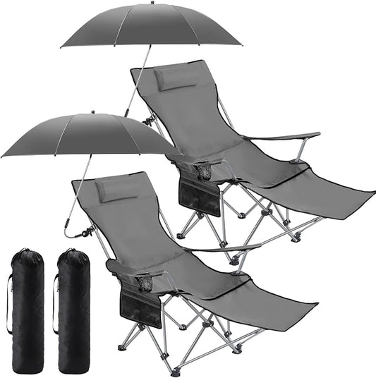 Yuntau 2 Set Reclining Beach Chairs with UPF 50+ Umbrellas Shade, Upgraded Heavy Duty Portable Folding Lounge Camping Chair with Canopy Removable Footrest & Headrest for Outdoor Patio(Grey)
