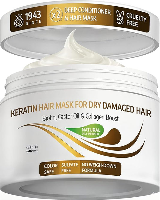 VITAMINS ヘアコスメティクス ケラチンヘアマスク - プロテインリペア ケラチントリートメント - ビオチン、コラーゲン、ヒマシ油配合、乾燥、傷んだ髪、縮れ毛、ストレートヘア、くせ毛用ディープコンディショナー - 400ml