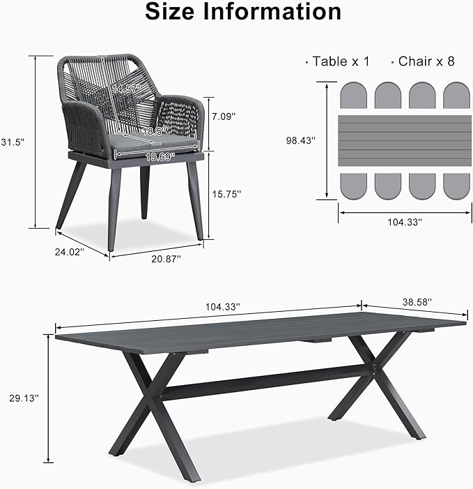 PURPLE LEAF Outdoor Patio Dining Set All-Weather PE Rattan Furniture Set with All Aluminum Frame Rectangular 9 Pieces Table and Chairs Set for 8 People Lawn Garden Backyard Deck, Grey