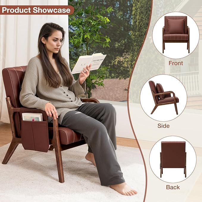 HOMMPA Mid-Century Modern Accent Chair Set of 2, Comfy Reading Armchair with Solid Wood Frame & Lumbar Pillow, Upholstered Linen Lounge Chair with Side Pocket for Living Room, Bedroom,Balcony (Brown)