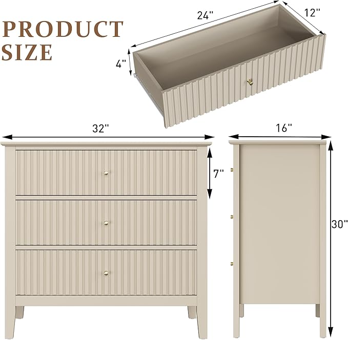 RoyalCraft 32" Large Nightstand, Fluted Painted Bedside Table with 3 Spacious Drawers, Modern Tall End Table for Bedroom, Beige