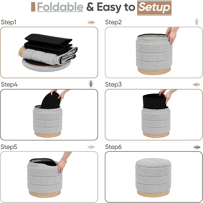 Round Storage Ottoman with Reversible Tray Lid, Folding Chenille Fabric Footrest with Hidden Storage, 15.4" Footstool for Small Spaces Living Room Bedroom, Wood Grain Base, Sliver Grey