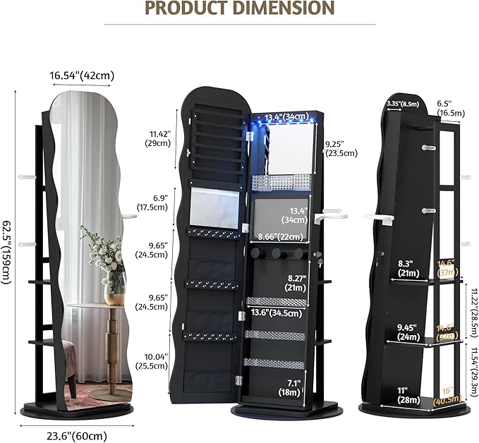 Vlsrka 360° Swivel Jewelry Aromire with Wavy Mirror, Lockable Jewelry Organizer Mirror Full Length, Rotatable Standing Mirror with Storage, Jewelry Cabinet, Interior Mirror, Flodable Shelf, Black