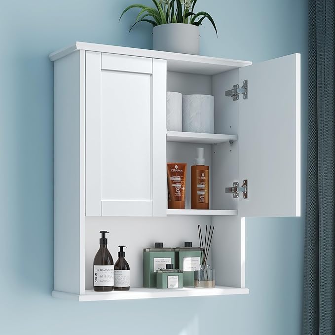 Bathroom Cabinet Wall Mount with Buffering Hinge, 23"x29" inch Over Toilet Storage Cabinet with Adjustable Shelves, Large Space Wooden Medicine Cabinet, White