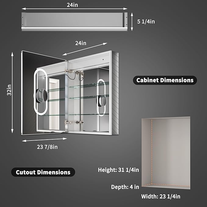 ExBrite 24x32 LED Lighted Medicine Cabinet with Mirror, Front & Backlit, Night Light, Clock & Temp Display, Defog, 5X Magnifier, 3-Color Dimmable LED, Surface or Recessed Mount, Hinge On the Left