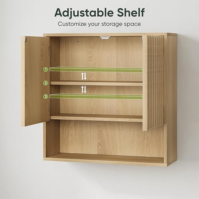 Smart FENDEE Bathroom Wall Storage Cabinet with Fluted Doors, Medicine Cabinet with Adjustable Shelf, Over The Toilet Storage Cabinet for Laundry Room & Kitchen & Living Room, Natural
