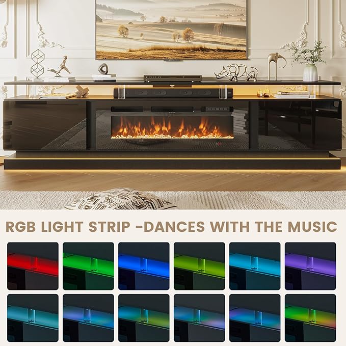 80 Inch Fireplace TV Stand, Modern Entertainment Center for TVs Up to 90", TV Console with Storage Cabinets, Media Console for Living Room, 80IN Black TV Stand and 36IN Black Fireplace