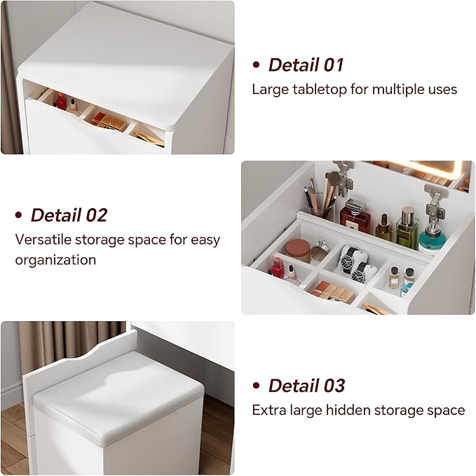 Mr IRONSTONE Compact Vanity Desk with Mirror and Lights, Hidden Makeup Vanity Cabinet with Storage Drawers & Shelves, Small Vanity Table for Bedroom, Flip Top Vanity for Small Spaces, White