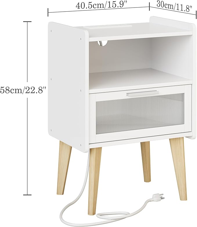 MMEOLUOOK Nightstand with Charging Station, Bedside Tables with Glass Decorative Door, End Table Side Table with 2 Tiers Storage Space, for Bedroom, Living Room, White CAMLBZ07WE
