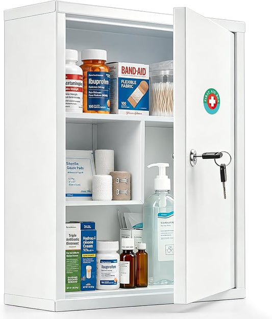 KYODOLED Wall Mount Locking Medicine Cabinet, Large Capacity First Aid Cabinet for Bathroom, Medicine Cabinet with Key, Secure Steel Lock Box for Medication, 15.75" H x 11.82" W x 4.72" D, White