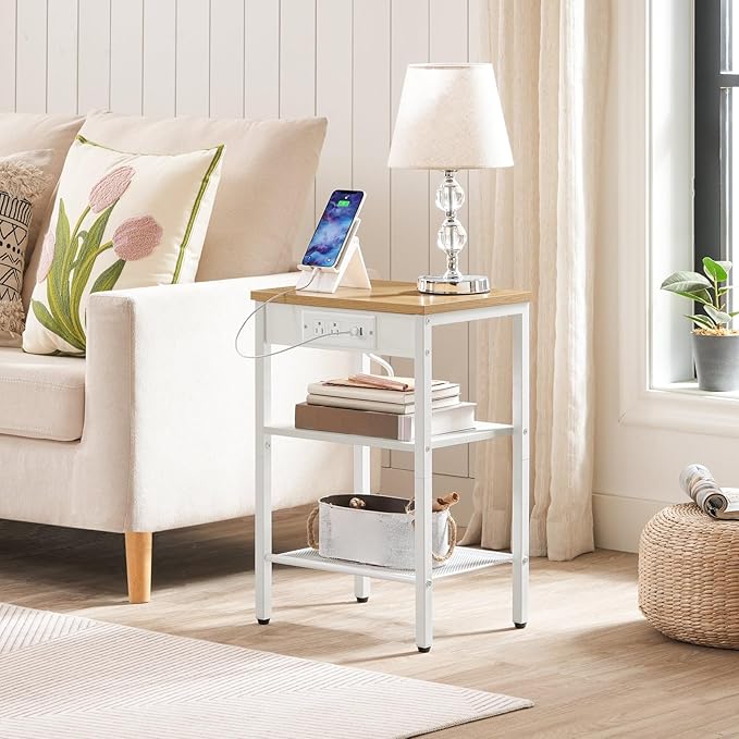HOOBRO Side Table with Charging Station and USB Port, Small End Table for Small Space, 3-Tier Nightstand with Adjustable Shelf, for Living Room, Bedroom, Natural and White WN112BZ01