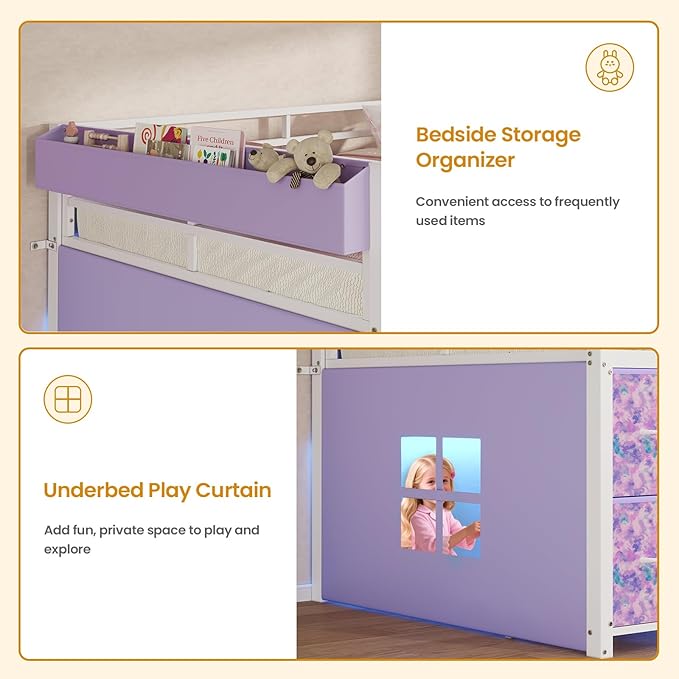 ADORNEVE Low Loft Bed Twin Size with 7 Storage Drawers, Bookcase and LED Lights, Metal Kids Loft Bed with 14" H Safety Guardrail,Inclined Ladder and Play Curtain, Under-Bed Play Space, Purple