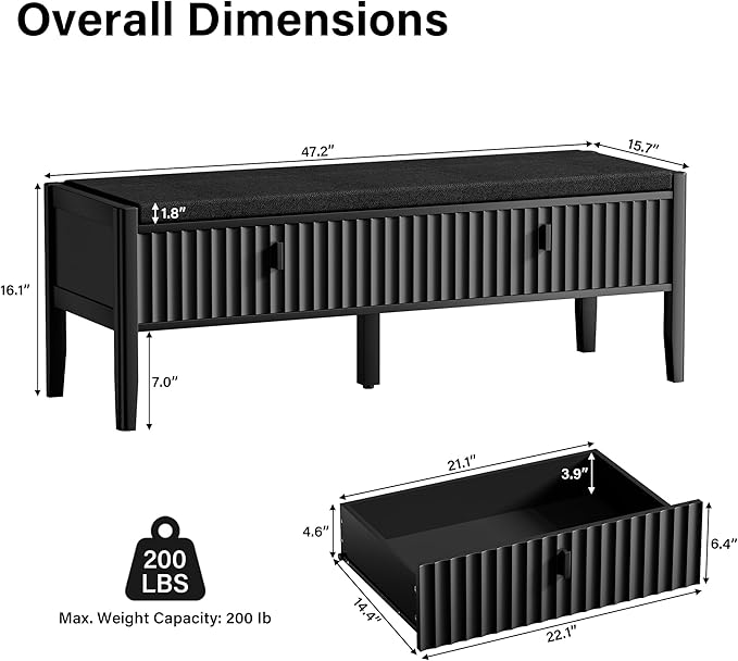 Furniway Black Fluted Shoe Bench with 2 Drawers, Entryway Storage Bench with Thick Padded Cushion Seat, Open Bottom Shoe Storage Shelf for Hallway, Living Room, Bedroom, 47.2" W