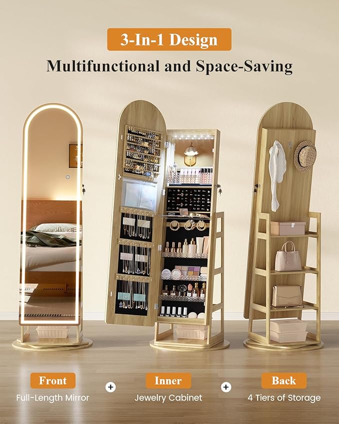 LVSOMT LED Mirror Jewelry Cabinet Standing, Lockable Jewelry Armoire with Arched Full-Length Mirror and Adjustable LED Lights, Space-Saving Jewelry Organizer with Mirror(LED Wood)