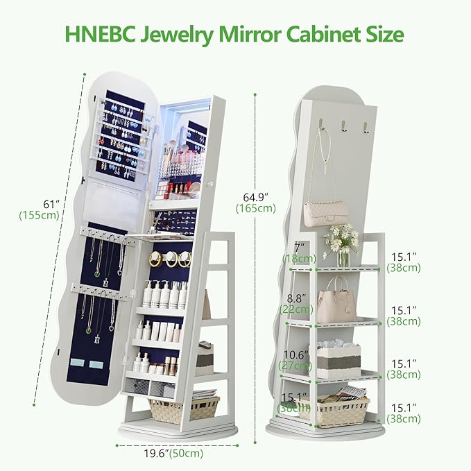HNEBC 360° Swivel Jewelry Cabinet with Lights, LED Jewelry Armoire with Mirror, Wavy Wide Full-Length Mirror with Storage, Lockable Mirror Jewelry Cabinet Standing (White)