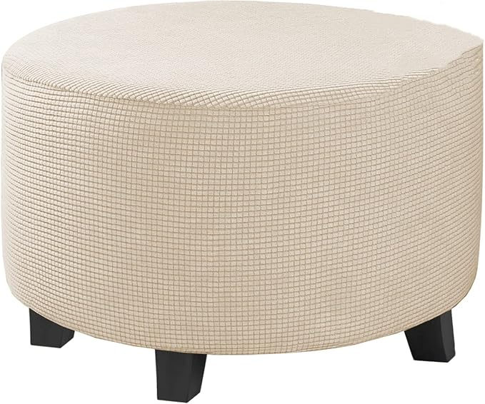 Stretch Ottoman Slipcover – Round Furniture Protector Fits 20"-23" Dia, for Footrests, Storage Ottomans & Folding Stools – Elastic Fabric Cover (Nature, Medium)