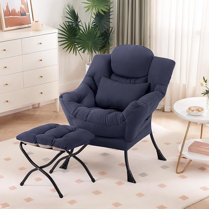 Furlide Lazy Chair with Ottoman, Modern Lounge Chair with Lumbar Pillow, Accent Cozy Reading Armchair and Folding Footstool for Bedroom, Dorm, Living Room,Navy