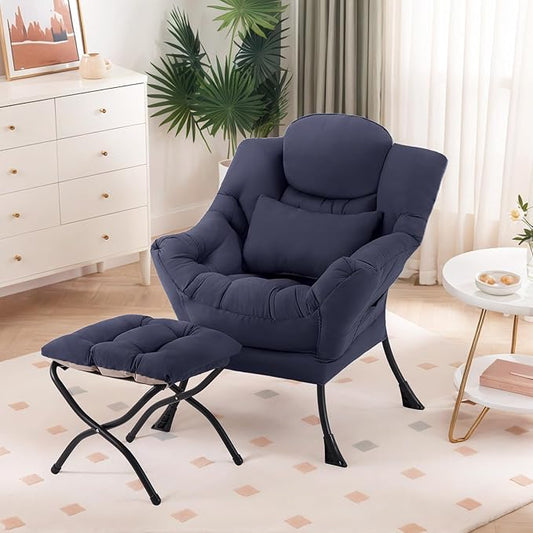 Furlide Lazy Chair with Ottoman, Modern Lounge Chair with Lumbar Pillow, Accent Cozy Reading Armchair and Folding Footstool for Bedroom, Dorm, Living Room,Navy