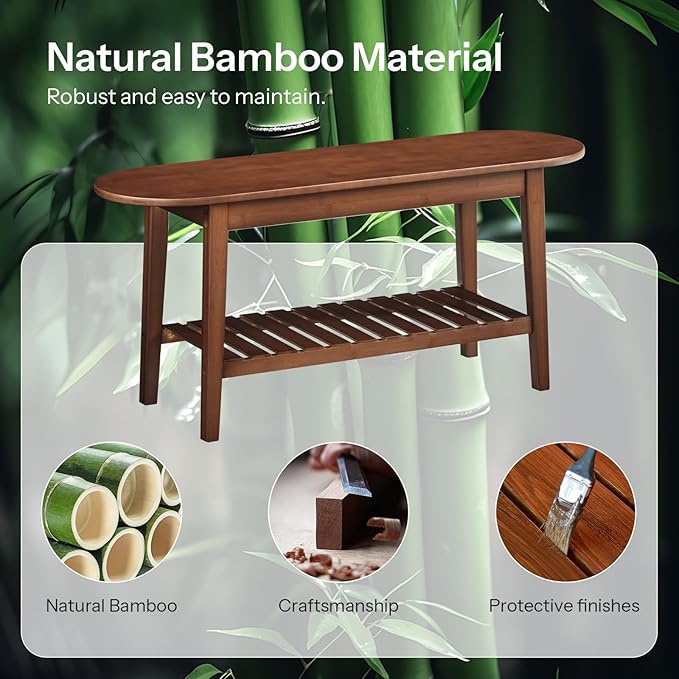 HOOBRO Dining Bench, 2-Tier Bamboo Farmhouse Entryway Bench, Indoor Storage Wooden Bench for Living Room, Dining Room, Hallway, Bedroom, Entryway, Bathroom, Brown BR06CD01