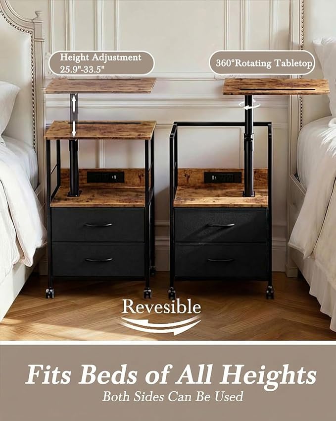 Faesun Swivel Lift Top Nightstand with Charging Station, Rolling Side Table for Recliner, Bedside Table with Wheels & 2 Fabric Drawers, for Small Spaces, for Bedroom, Living Room, Brown Black