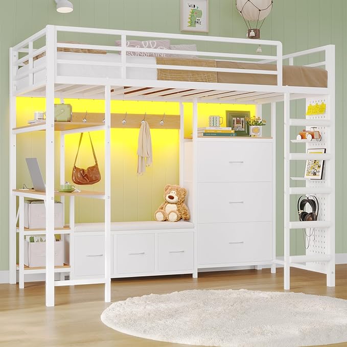 DICTAC Twin Loft Bed with 6 Storage Drawers,Coat Rack and Open Shelves Metal Twin Size Loft Bed with Desk,Charging Station and LED Light,loft beds with Large Pegboard,Stairs and Safety Guardrail,White