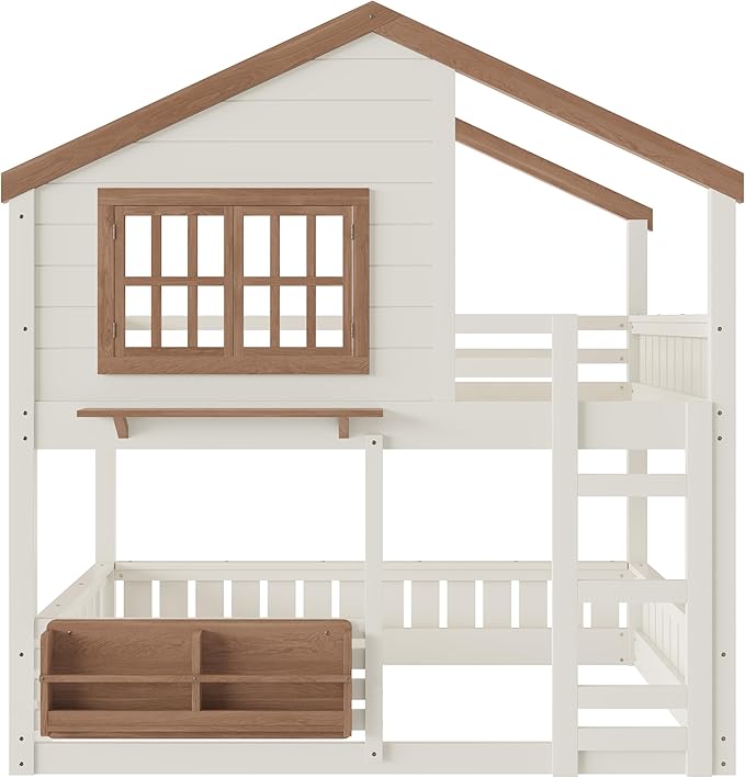 Full Size House Bunk Bed Frame with Storage Bookshelf, Window, Wooden Floor Bunk Bed with Fences, Space Saving for Kids Adults, No Noise, Beige
