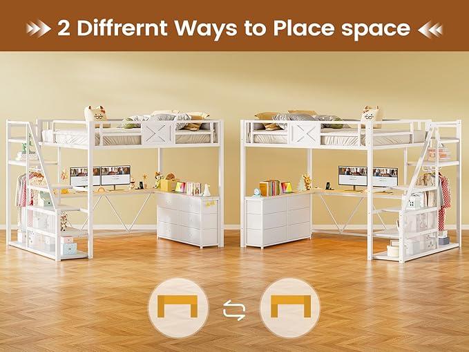Itaar Full Size Loft Bed with Desk and Storage Stairs, Metal Loft Bed with 6 Storage Drawers, Hall Tree, LED Lights and Power Outlet, for Kids, Teens, Adults, White