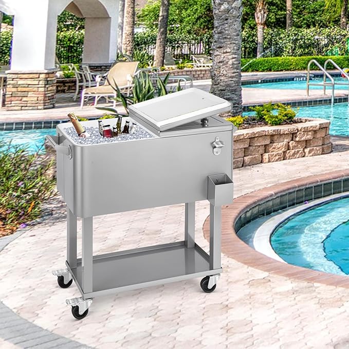 80 Quart Rolling Ice Chest Cooler Cart,Patio Backyard Party Drink Beverage Bar Stand Up Cooler Trolley with Ice Scoop