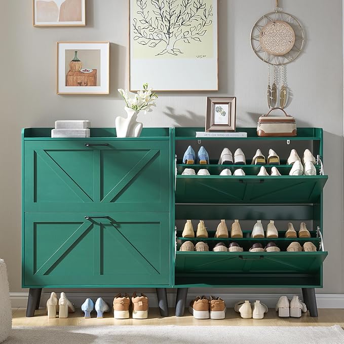 LEYAOYAO Shoe Cabinet Storage for Entryway with 2 Flip Drawers Rack Narrow Organizer Slim Hidden Wood Shoe Cabinet Furniture Green