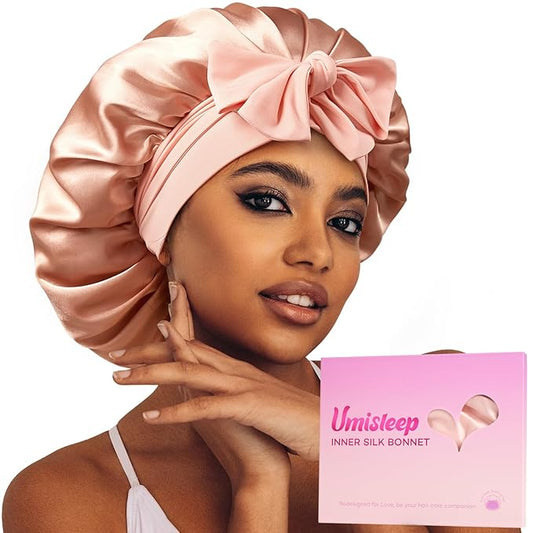 Umisleep シルクボンネット、寝癖防止用ソフトヘアボンネット、本物のマルベリーシルクライニング、女性用ヘアケアボンネット、二重レイヤーのひも付きヘアキャップ、巻き毛・ロングヘア用大型シルクヘアラップ、ブラッシュピンク