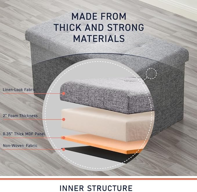 Ornavo Home Folding Storage Ottoman, 30 Inch Large Storage Bench with Lid, Foot Rest Stool for Bedroom, Living Room, Entryway, Tufted Linen Upholstered - Gray